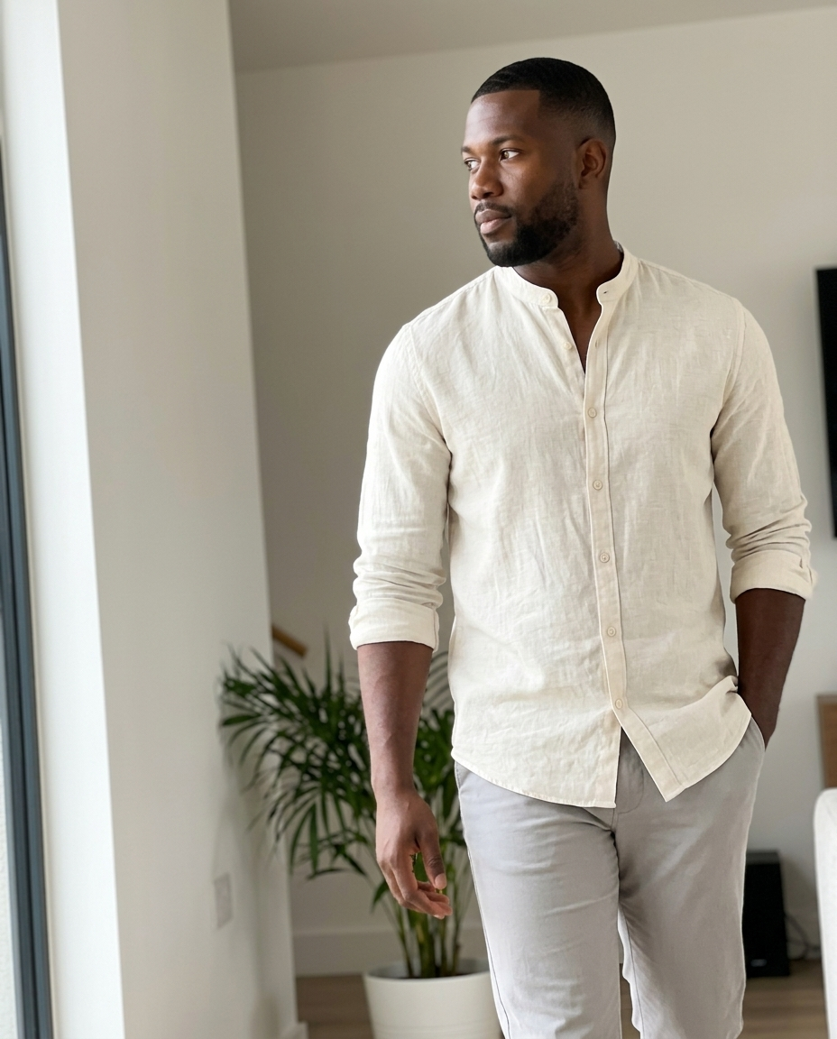 Men's Off-White Linen Blend Band Collar Shirt styled in a daylight interior setting