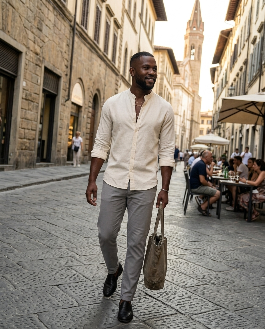Men's Off-White Linen Blend Band Collar Shirt worn in an everyday street setting