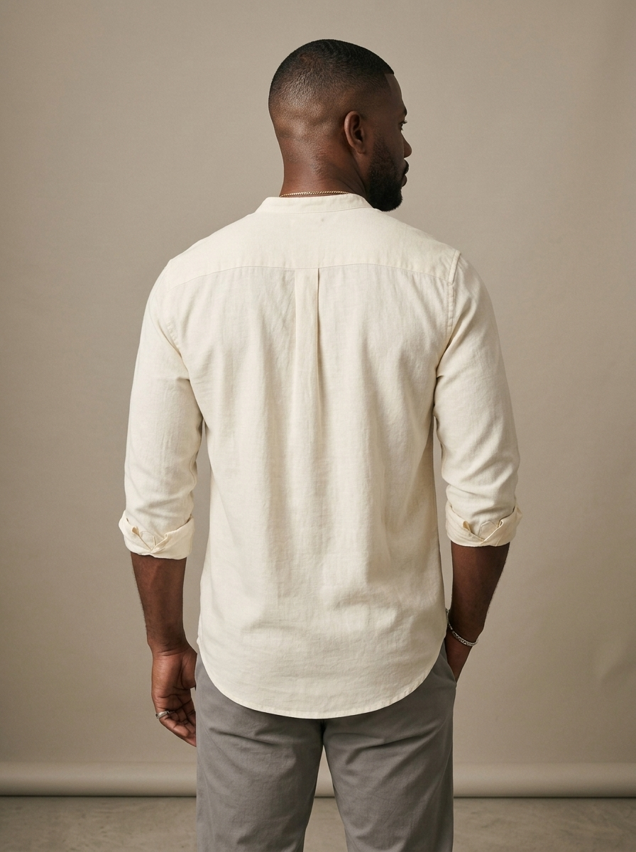 Men's Off-White Linen Blend Band Collar Shirt worn by a model, back view