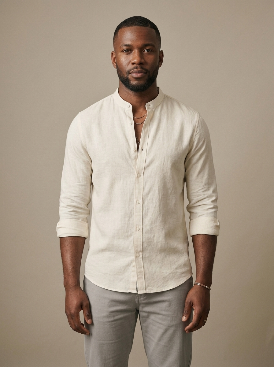 Men's Off-White Linen Blend Band Collar Shirt worn by a model, front view