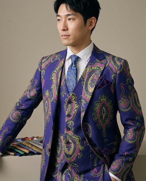 Men's Patterned Pocket Squares, Silk Blend worn by a model, close waist-up view