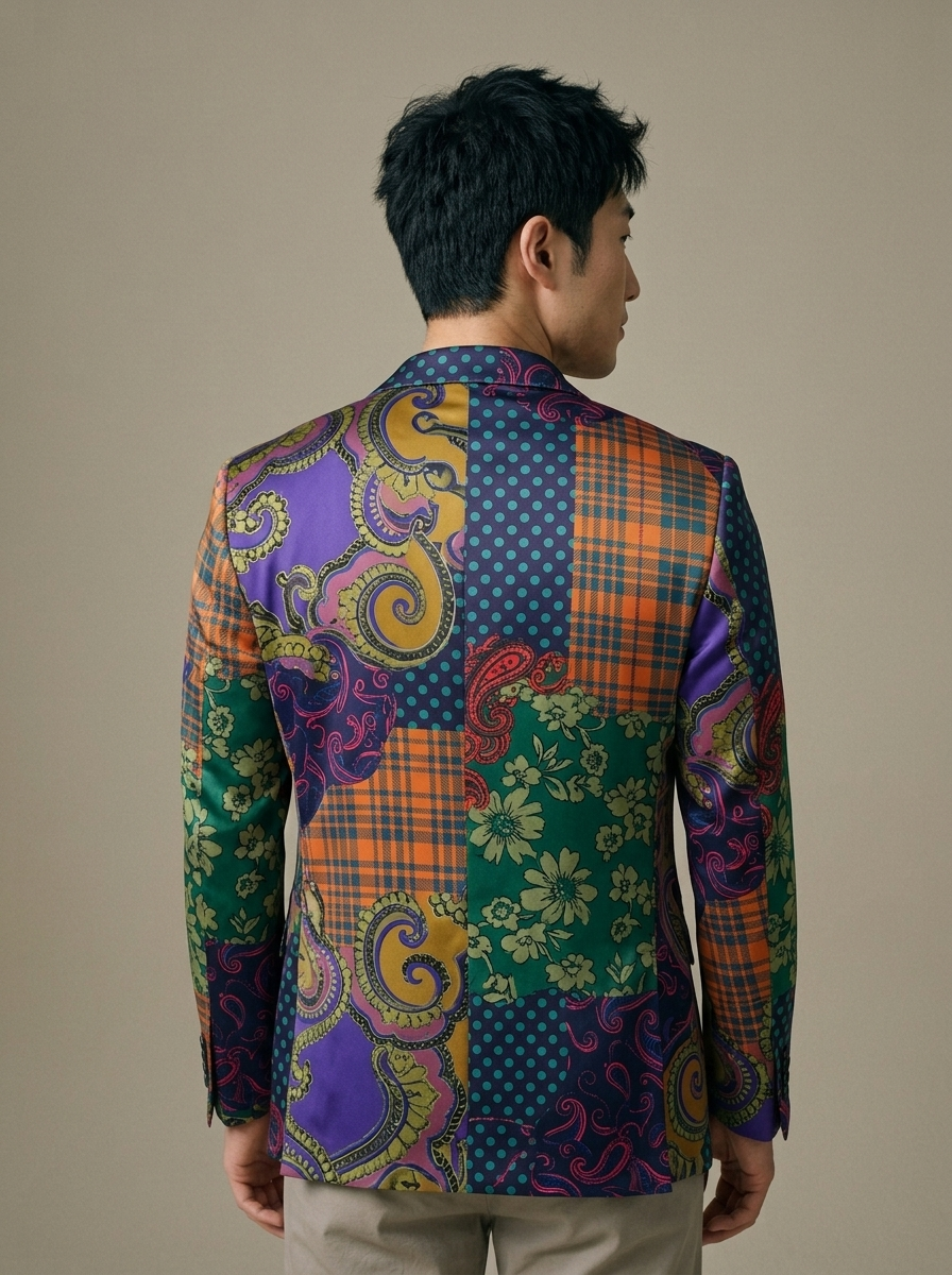 Men's Patterned Pocket Squares, Silk Blend worn by a model, back view