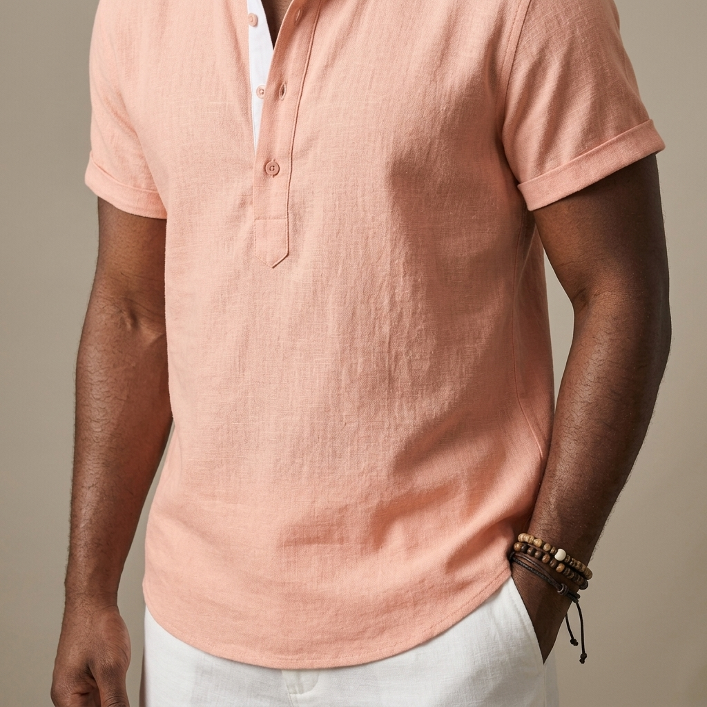 Close-up of Men's Peach Linen Short Sleeve Henley Shirt detail