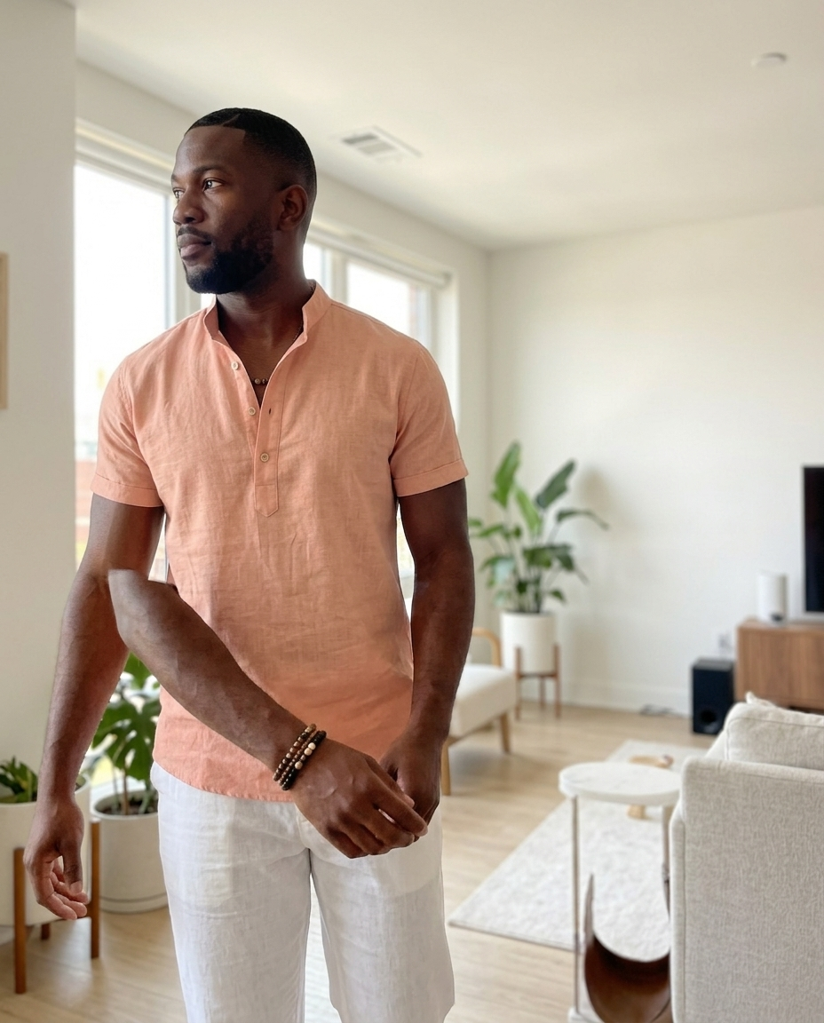 Men's Peach Linen Short Sleeve Henley Shirt styled in a daylight interior setting