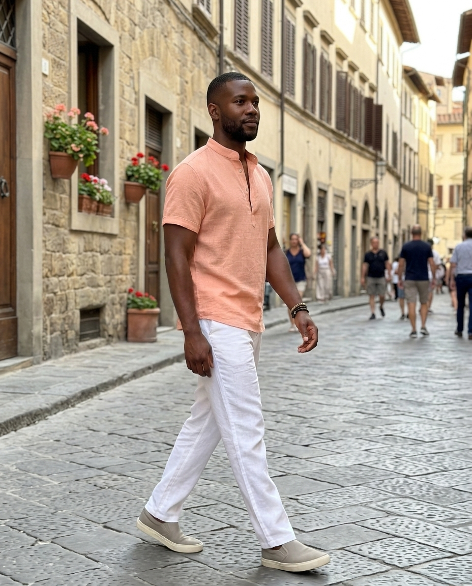 Men's Peach Linen Short Sleeve Henley Shirt worn in an everyday street setting