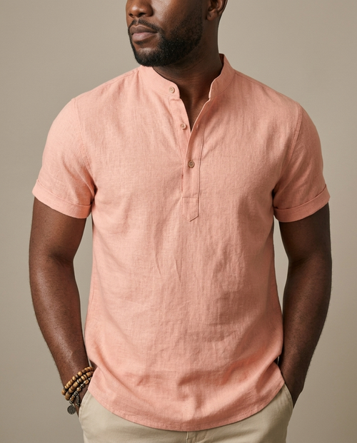 Men's Peach Linen Short Sleeve Henley Shirt worn by a model, close waist-up view