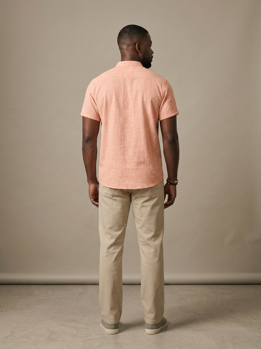 Men's Peach Linen Short Sleeve Henley Shirt worn by a model, back view