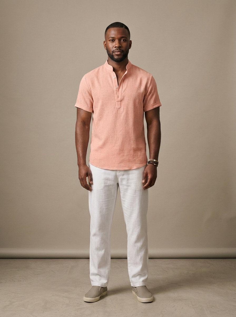 Men's Peach Linen Short Sleeve Henley Shirt worn by a model, front view