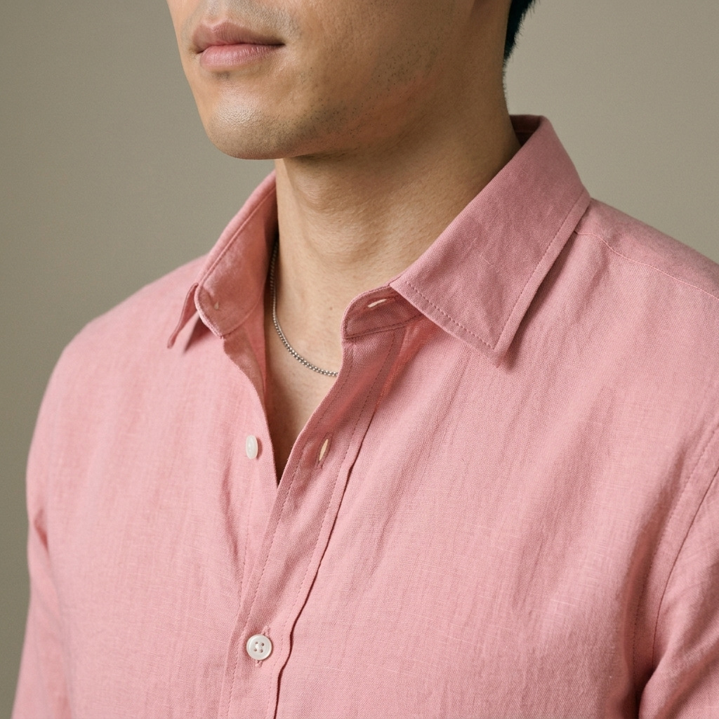Close-up of Men's Pink Linen Button-Front Shirt detail