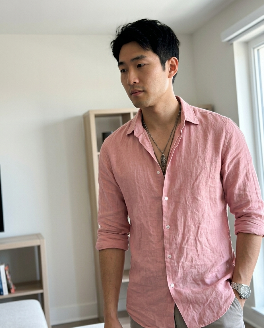 Men's Pink Linen Button-Front Shirt styled in a daylight interior setting
