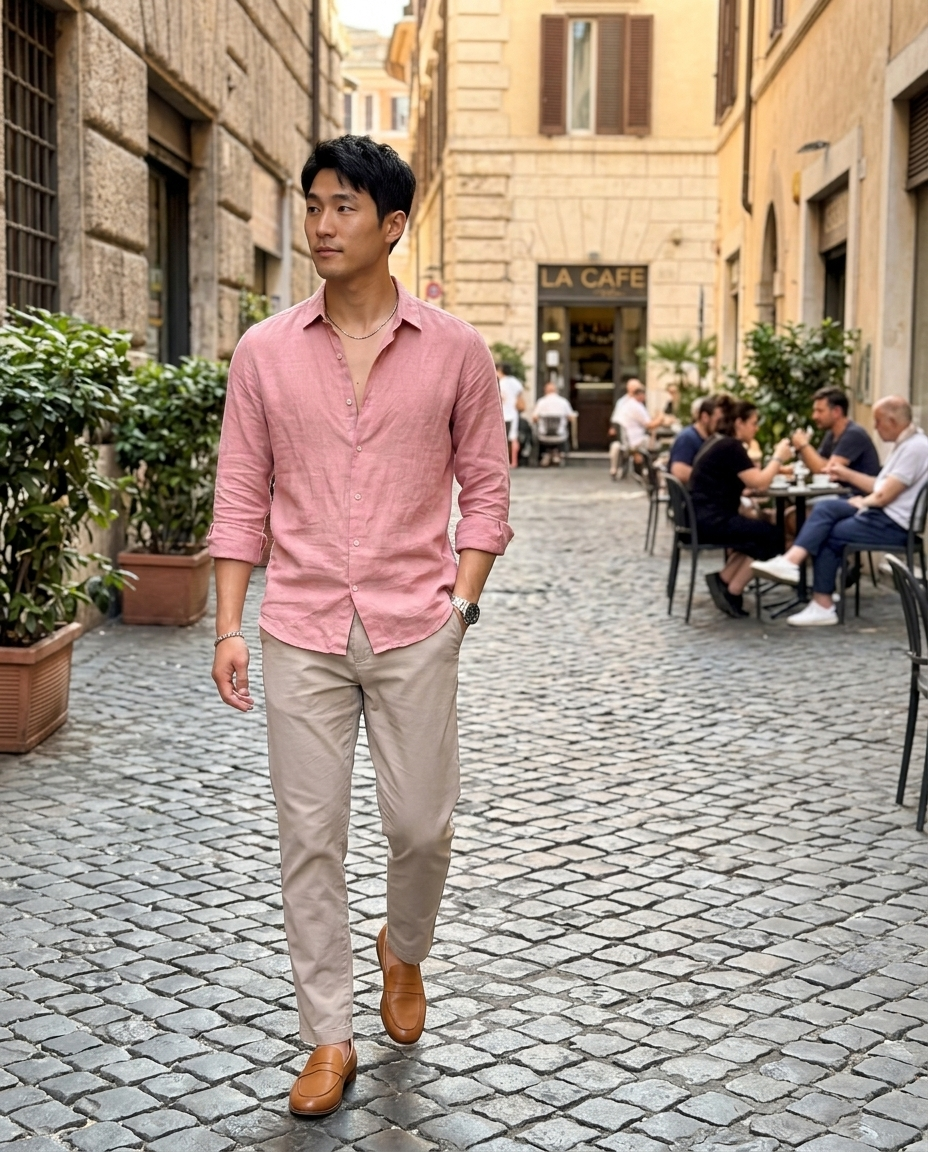 Men's Pink Linen Button-Front Shirt worn in an everyday street setting
