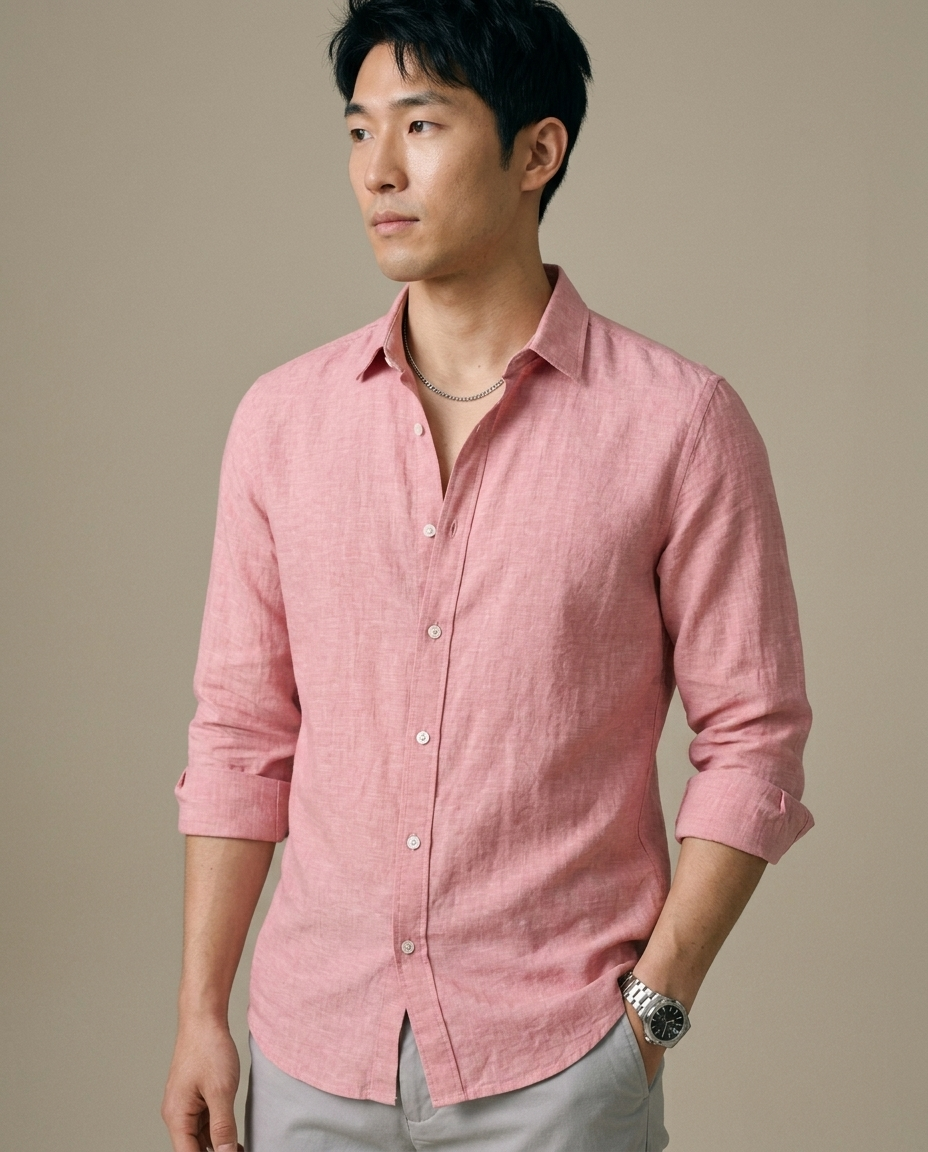 Men's Pink Linen Button-Front Shirt worn by a model, close waist-up view