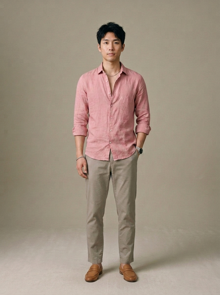 Men's Pink Linen Button-Front Shirt worn by a model, front view