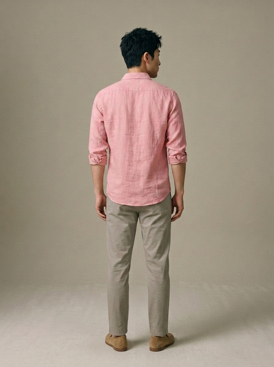 Men's Pink Linen Button-Front Shirt worn by a model, back view