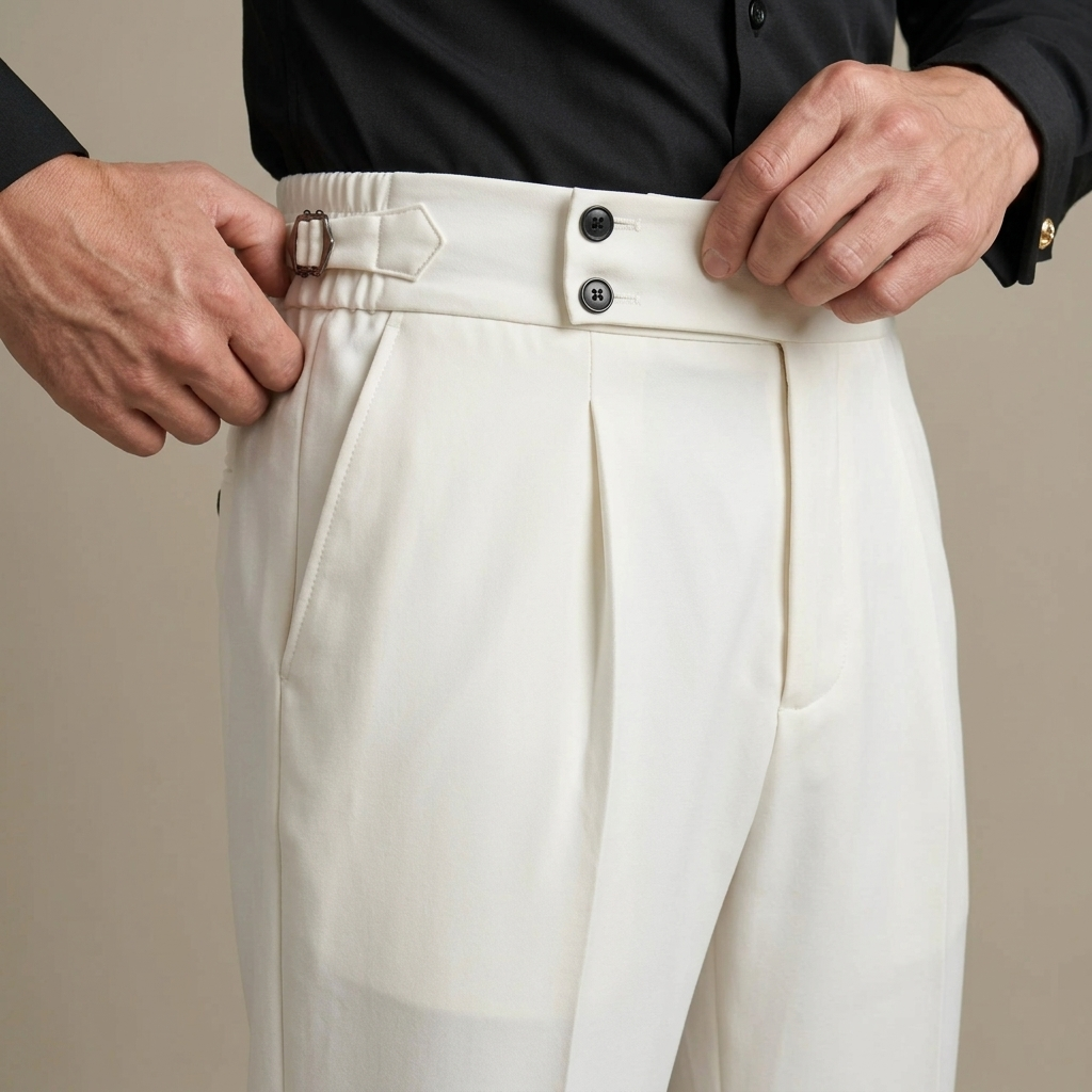 Close-up of Men's Pleated Cream High-Waist Trousers detail