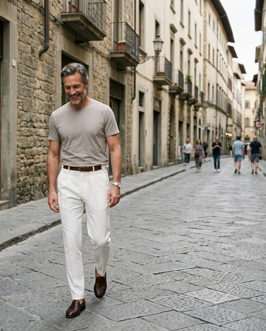 Men's Pleated Cream High-Waist Trousers worn in an everyday street setting