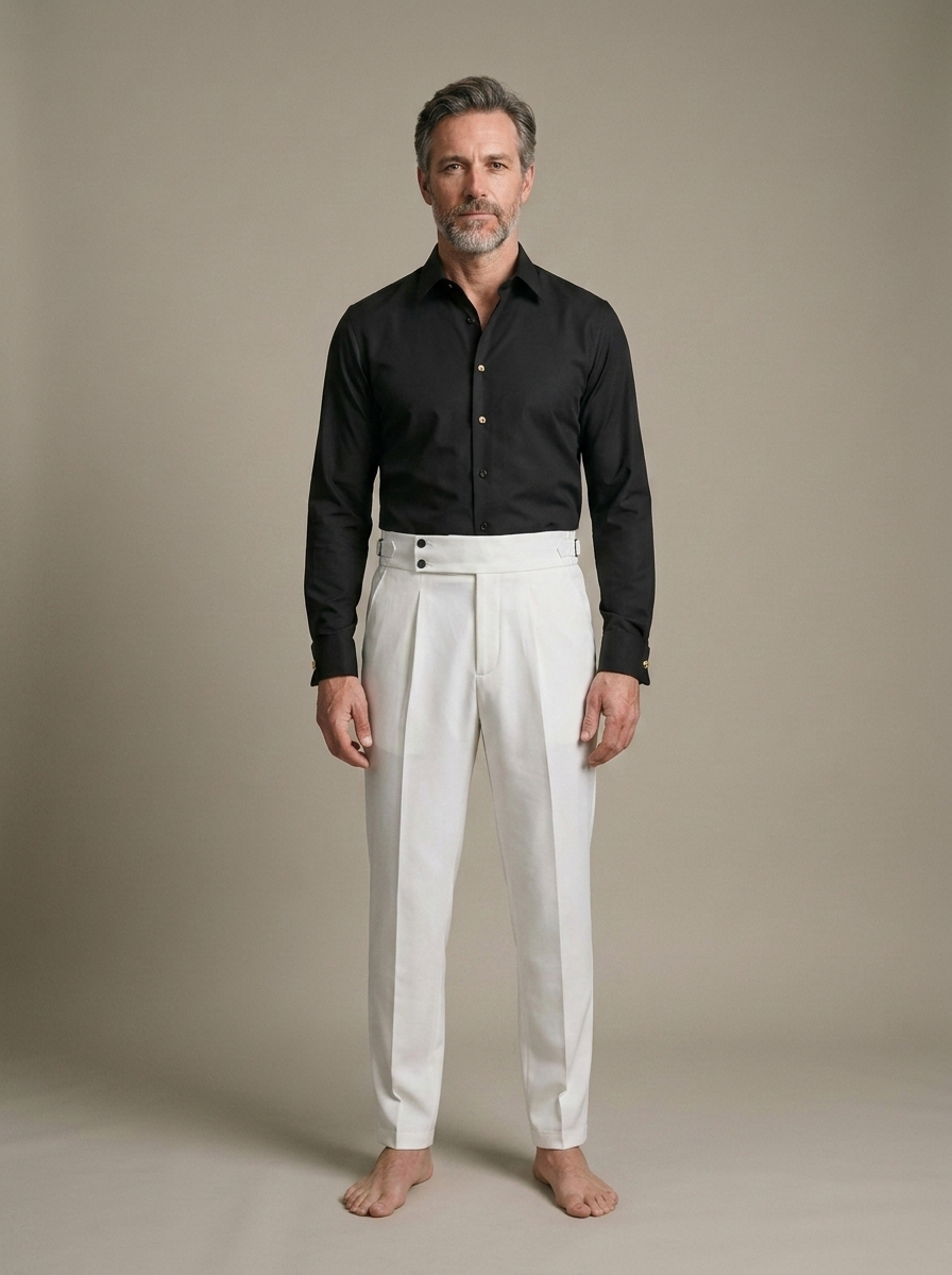 Men's Pleated Cream High-Waist Trousers worn by a model, front view