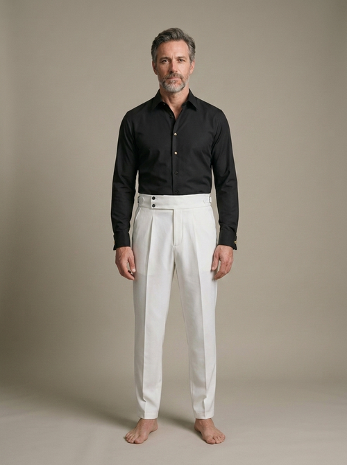 Men's Pleated Cream High-Waist Trousers worn by a model, front view