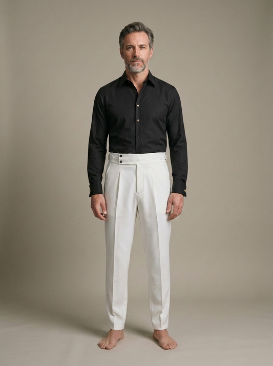Men's Pleated Cream High-Waist Trousers worn by a model, front view