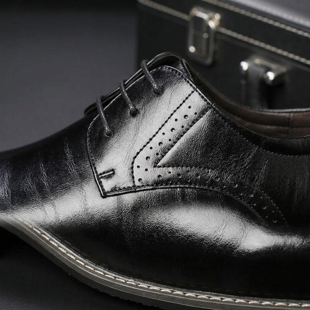 Close-up of Men's Polished Leather Oxford Dress Shoes fabric and detailing