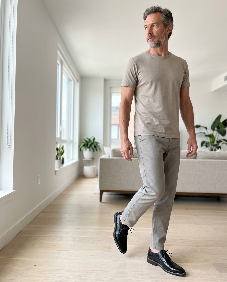 Men's Polished Leather Oxford Dress Shoes styled in a daylight interior setting