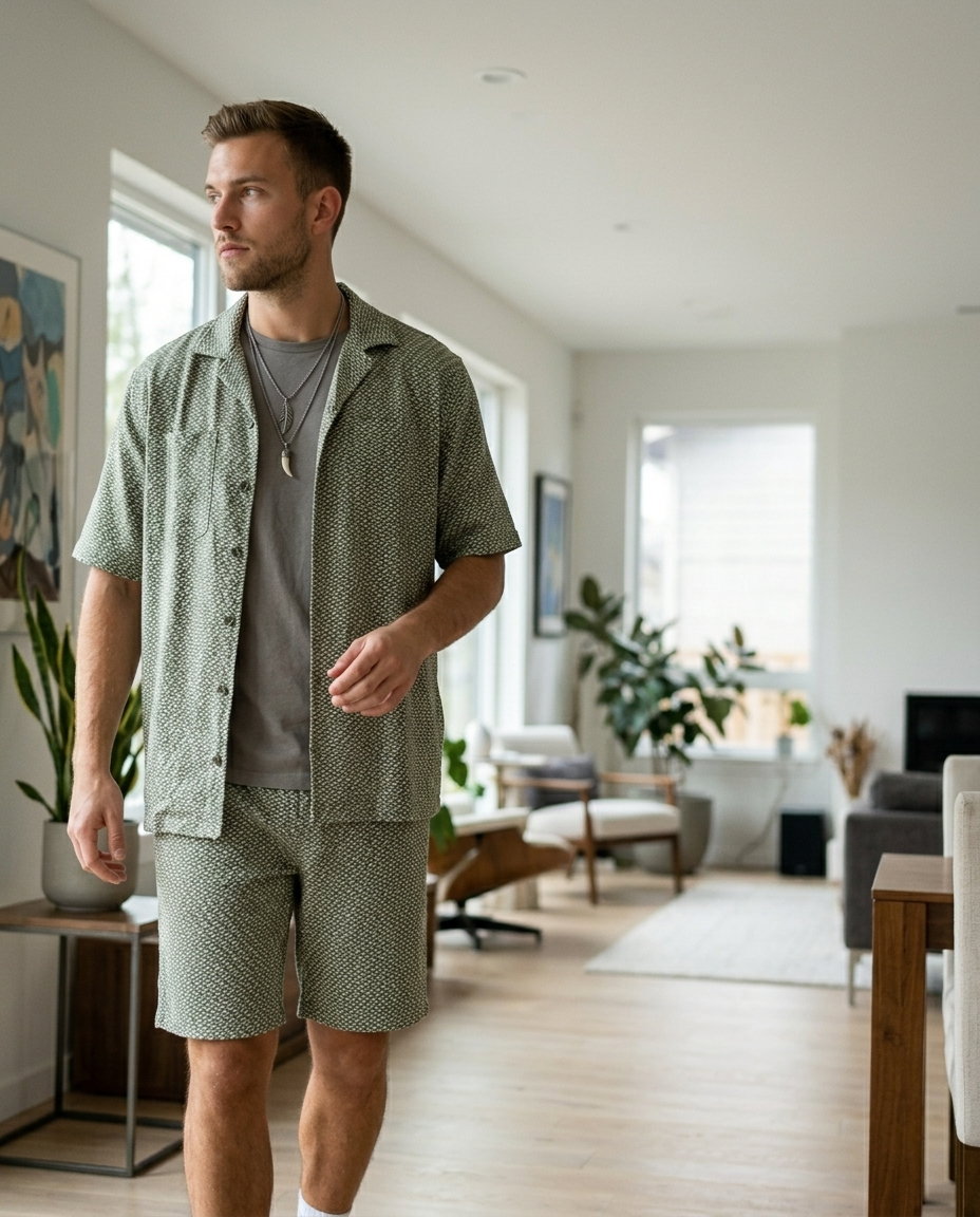 Men's Relaxed Fit Textured Short Set styled in a daylight interior setting