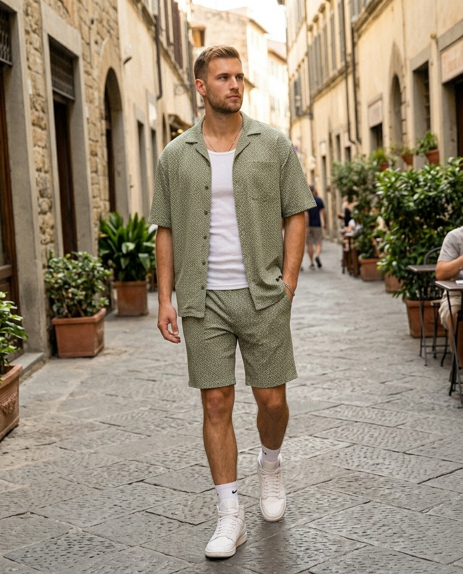 Men's Relaxed Fit Textured Short Set worn in an everyday street setting