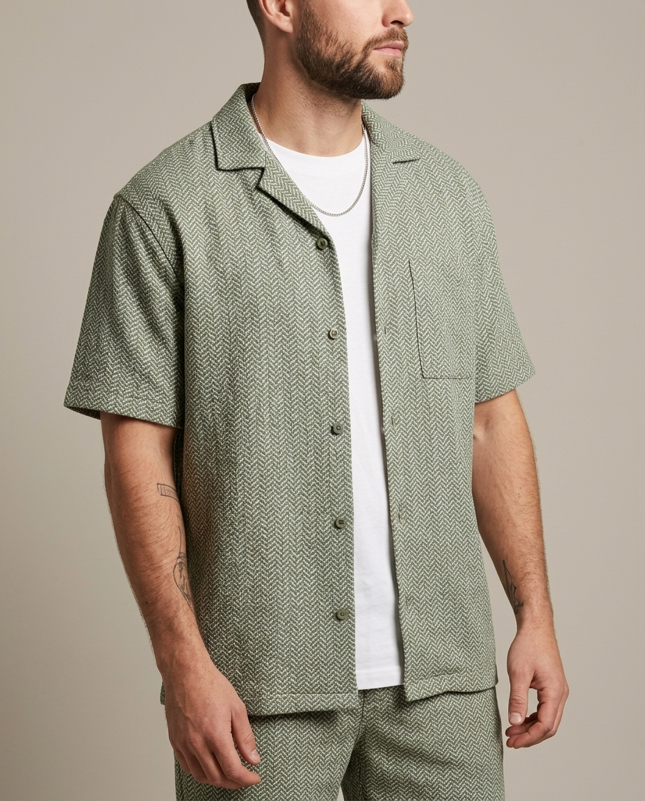 Men's Relaxed Fit Textured Short Set worn by a model, close waist-up view