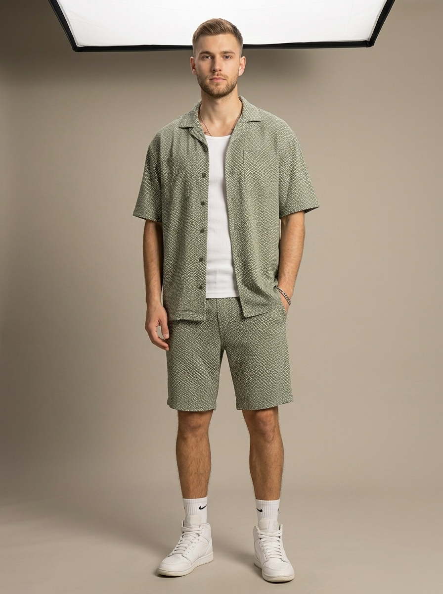 Men's Relaxed Fit Textured Short Set worn by a model, front view