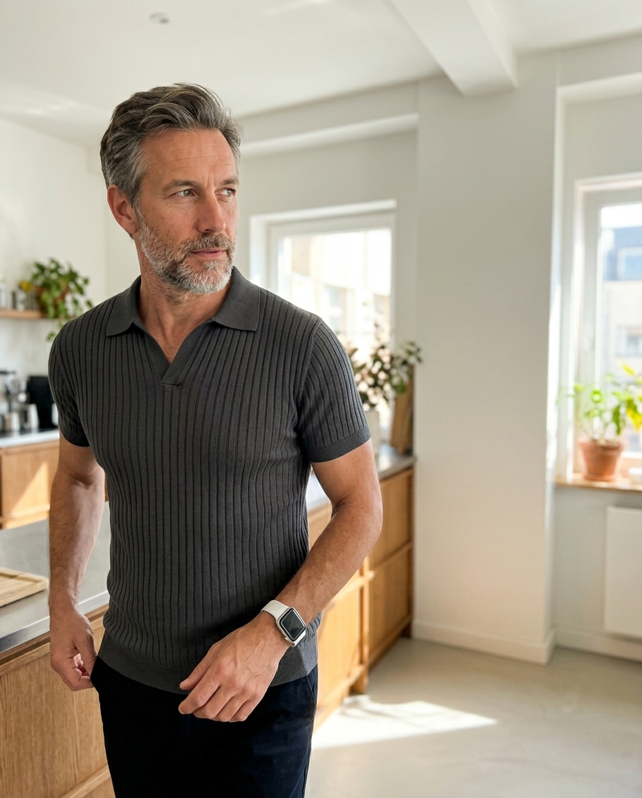 Men's Ribbed Polo Shirt, Charcoal Knit styled in a daylight interior setting