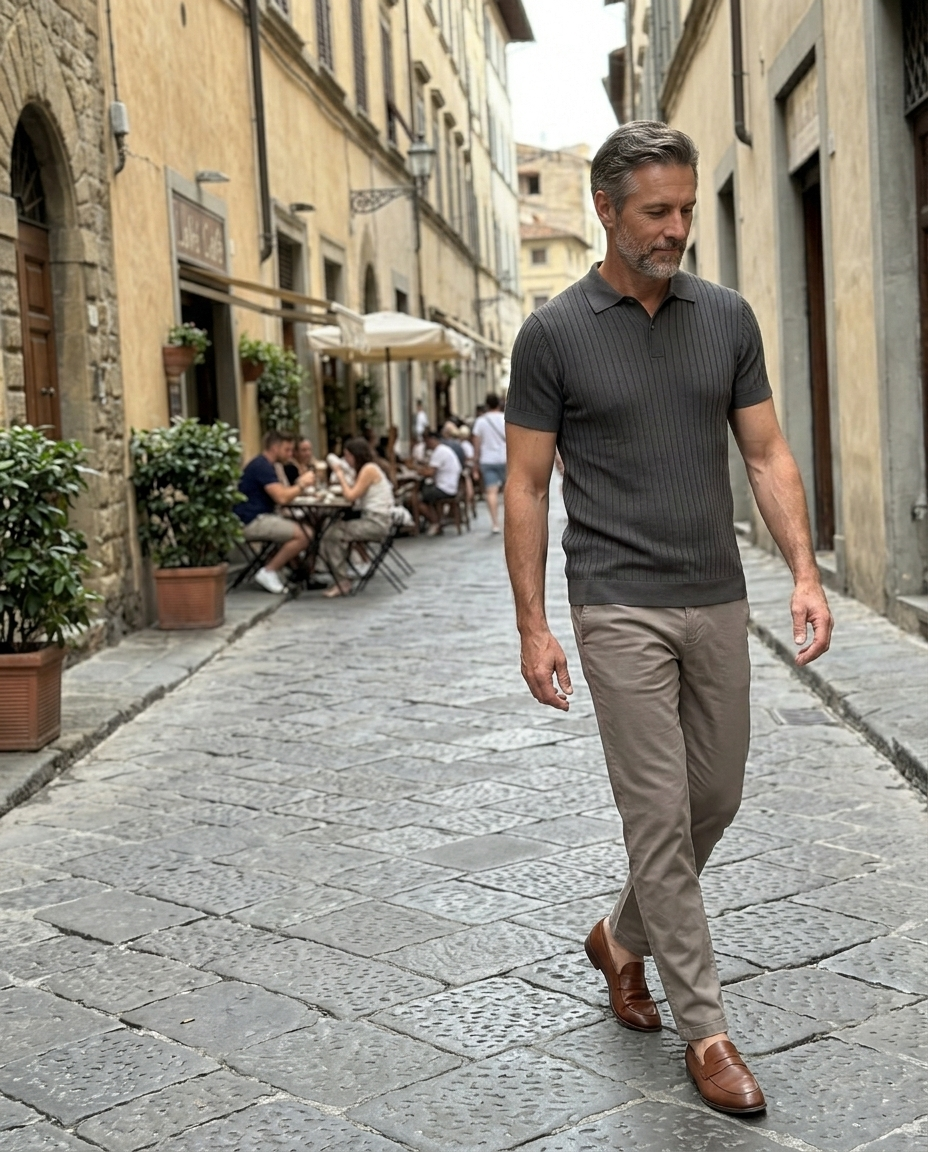 Men's Ribbed Polo Shirt, Charcoal Knit worn in an everyday street setting