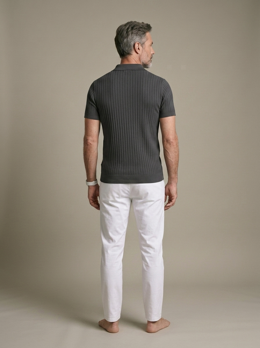 Men's Ribbed Polo Shirt, Charcoal Knit worn by a model, back view