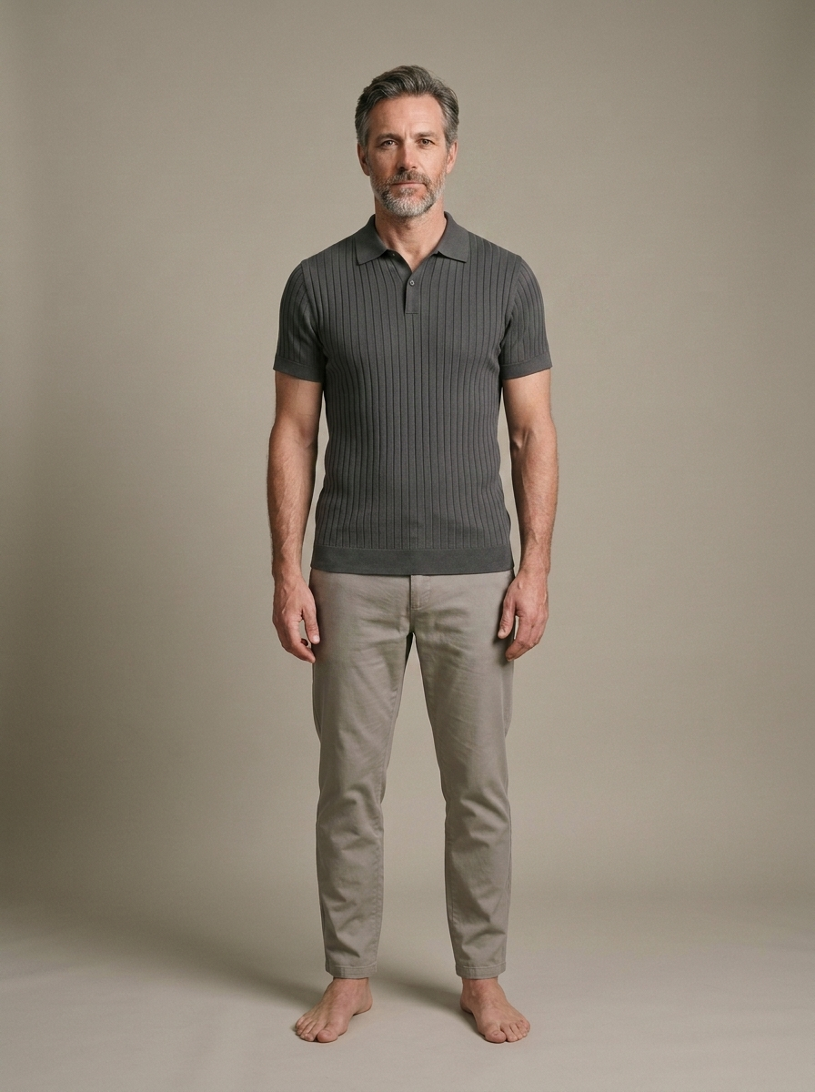 Men's Ribbed Polo Shirt, Charcoal Knit worn by a model, front view