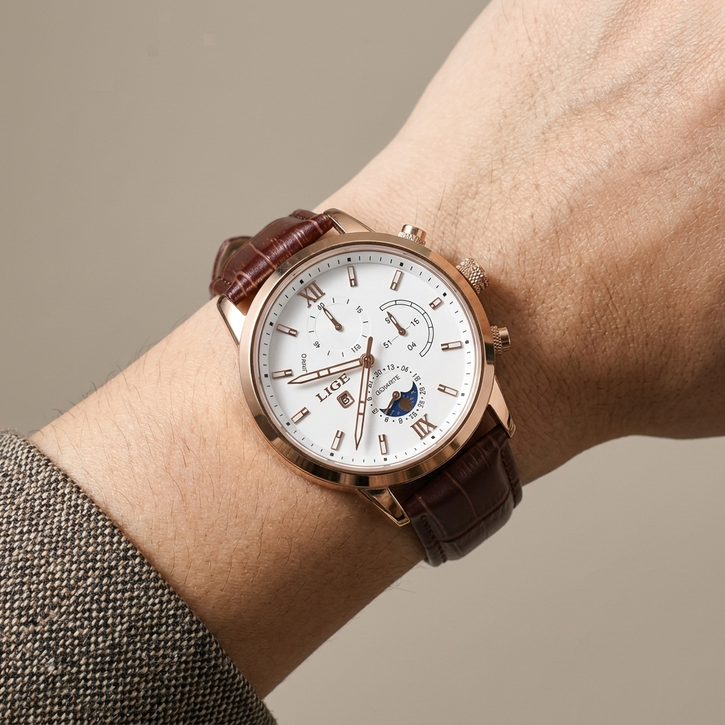 Close-up of Men's Rose Gold Tone Chrono Watch, Brown Leather detail
