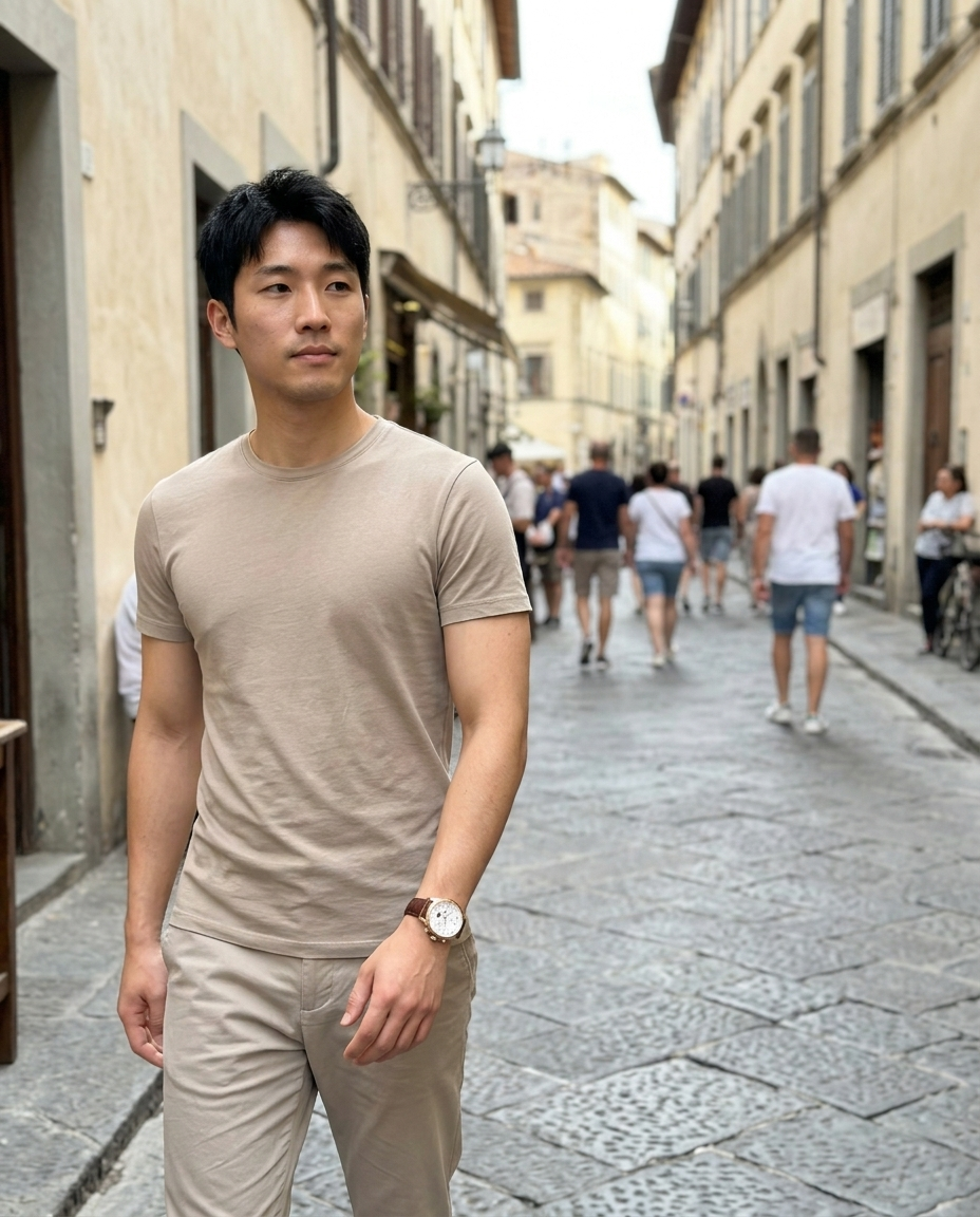 Men's Rose Gold Tone Chrono Watch, Brown Leather worn in an everyday street setting