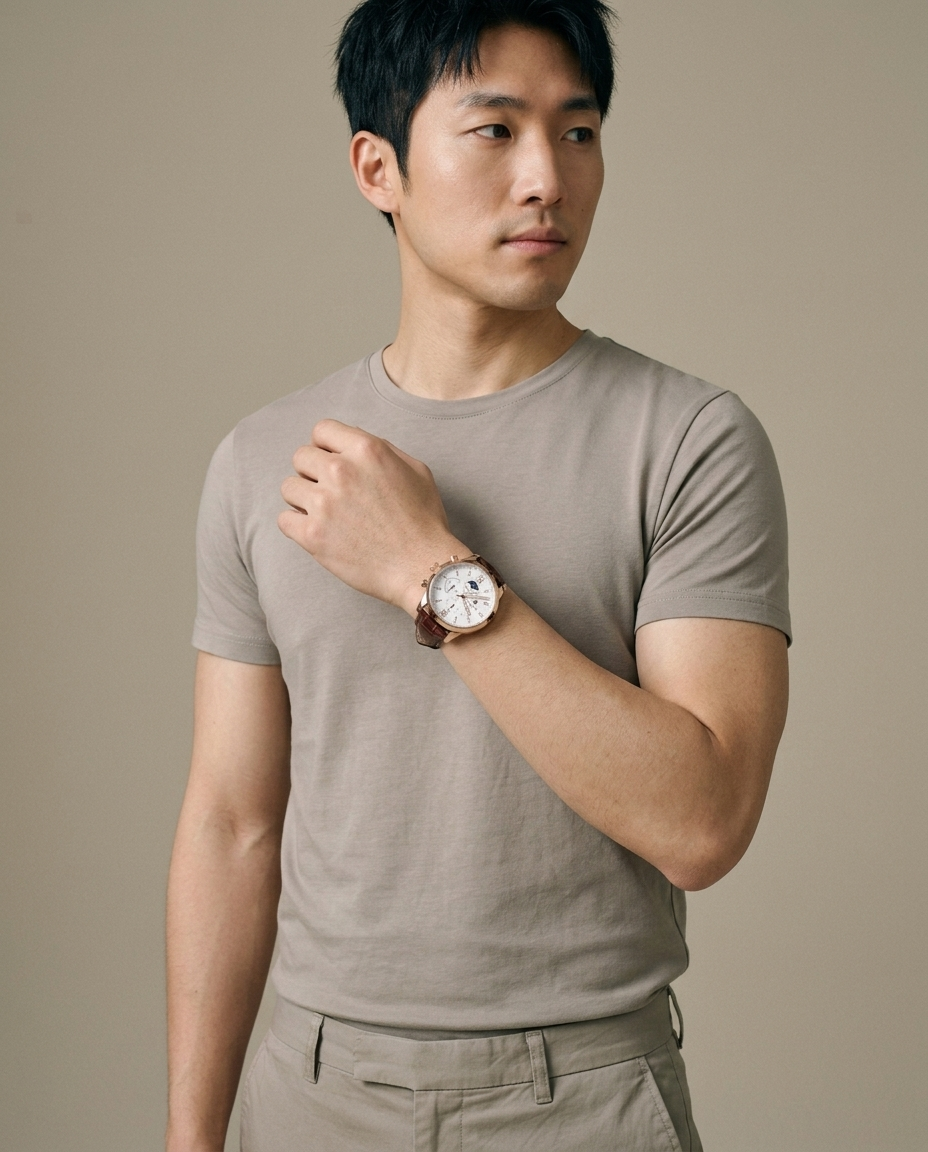 Men's Rose Gold Tone Chrono Watch, Brown Leather worn by a model, close waist-up view