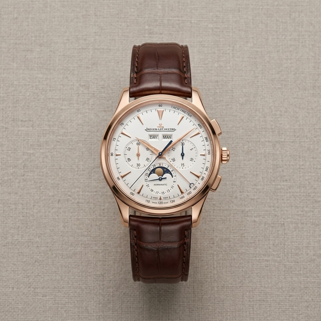 Close-up of Men's Rose-Gold-Tone Brown-Leather Chrono Watch