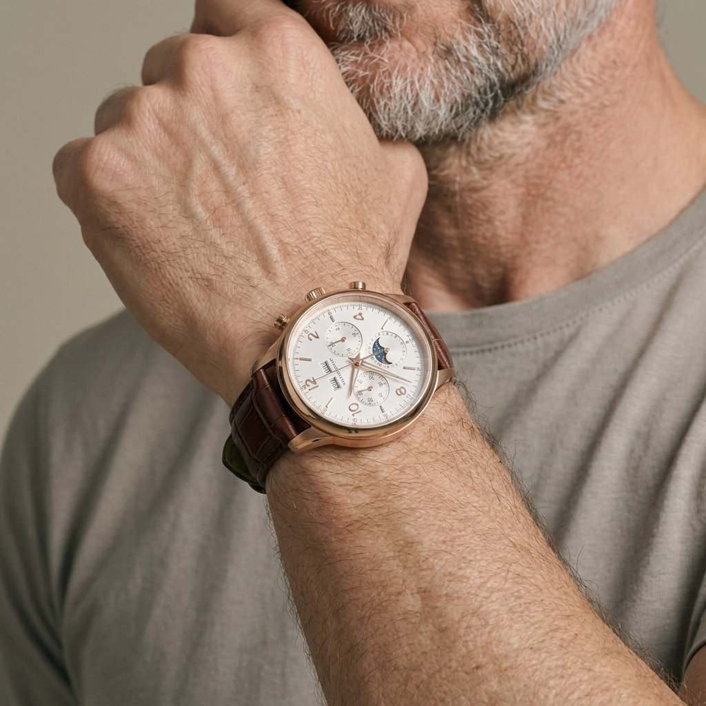Men's Rose-Gold-Tone Brown-Leather Chrono Watch worn, close-up