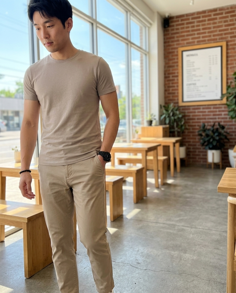 Men's Slim Fit Khaki Chino Pants styled in a daylight interior setting