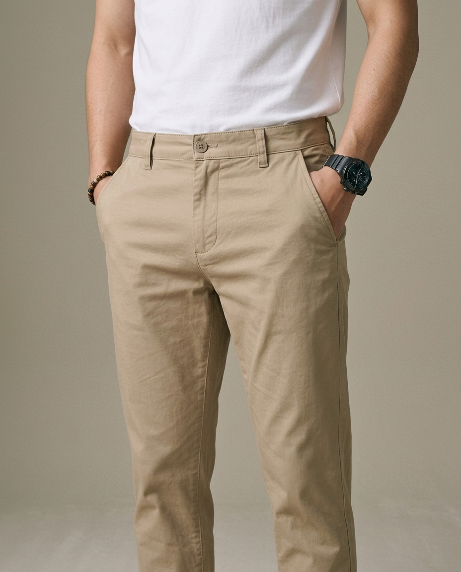 Men's Slim Fit Khaki Chino Pants worn by a model, close waist-up view