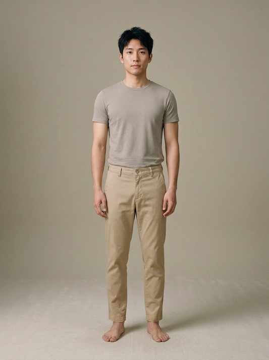 Men's Slim Fit Khaki Chino Pants worn by a model, front view