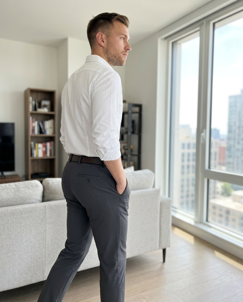 Men's Slim Fit Tailored Trousers styled in a daylight interior setting