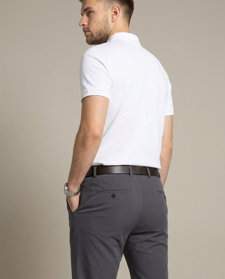 Men's Slim Fit Tailored Trousers worn by a model, close waist-up view