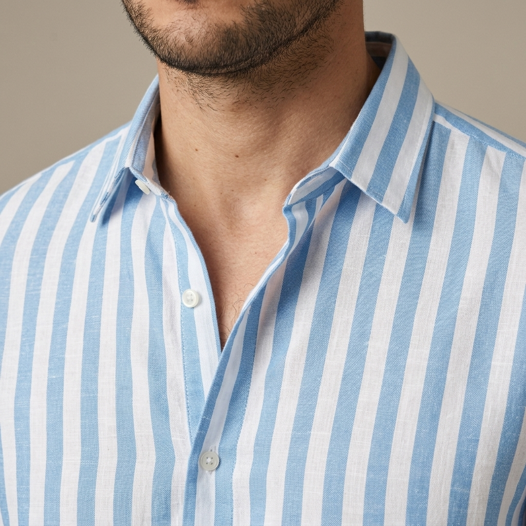 Close-up of Men's Striped Linen Blend Long Sleeve Shirt detail