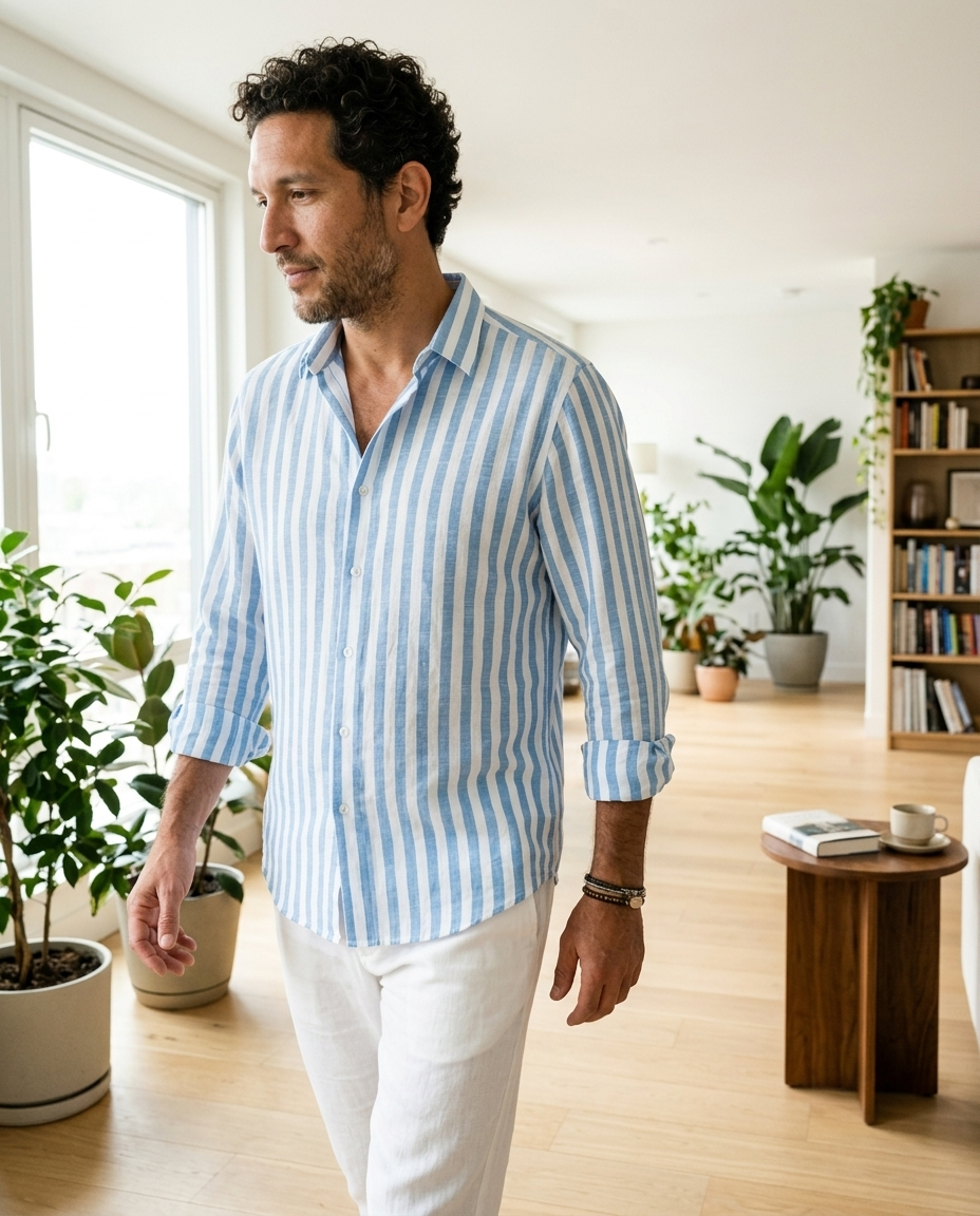 Men's Striped Linen Blend Long Sleeve Shirt styled in a daylight interior setting