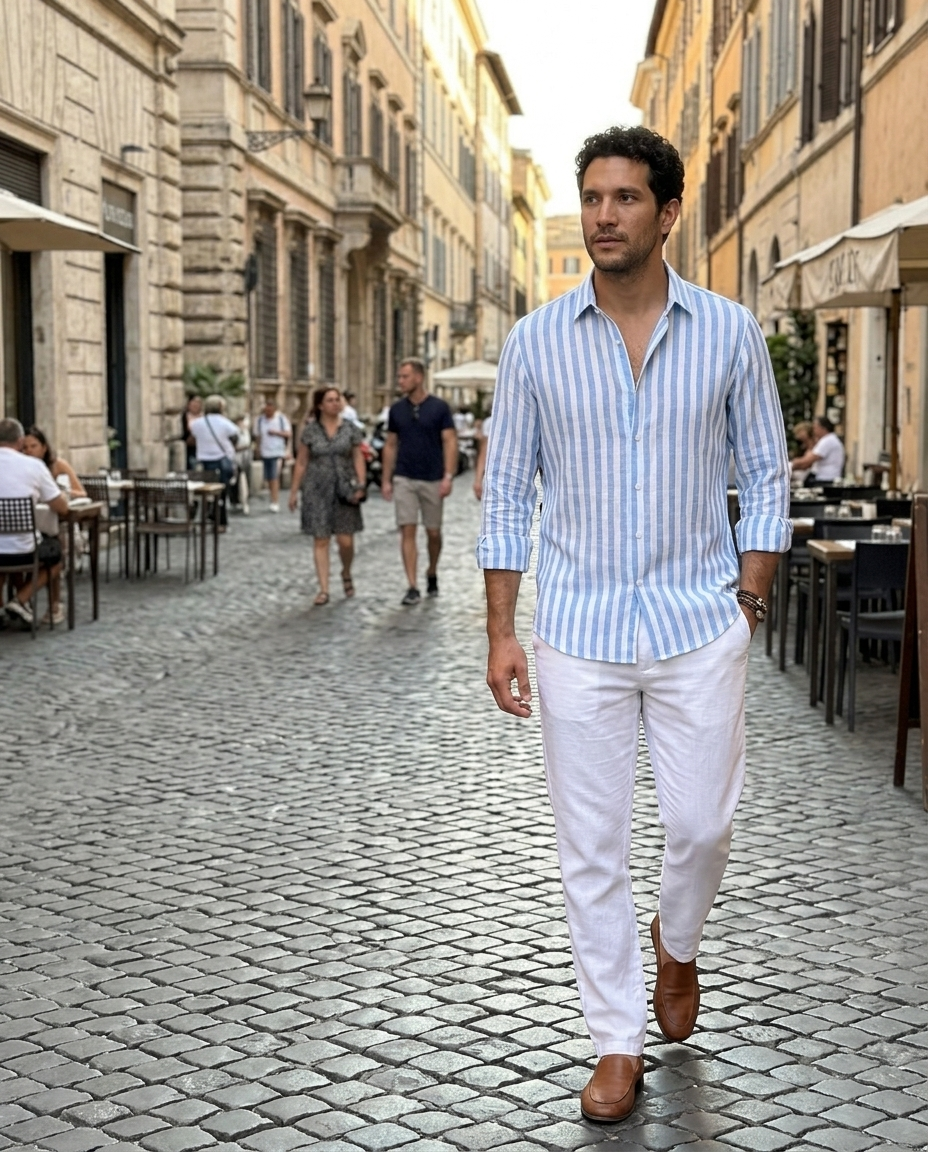Men's Striped Linen Blend Long Sleeve Shirt worn in an everyday street setting