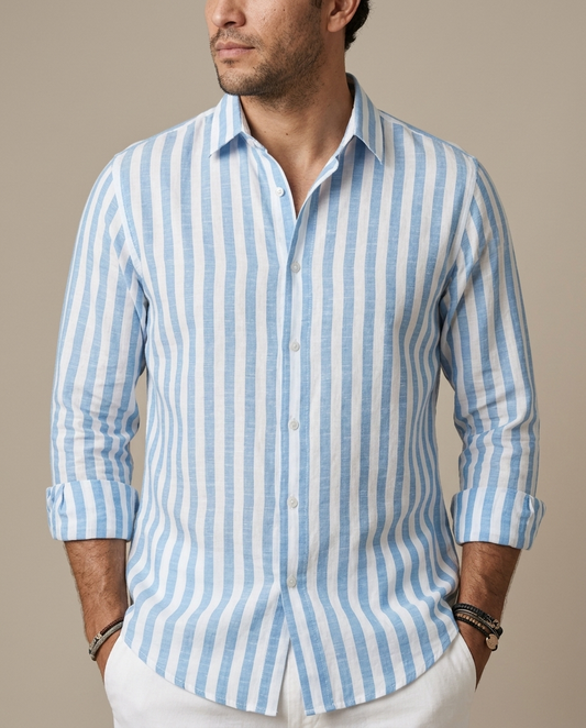 Men's Striped Linen Blend Long Sleeve Shirt worn by a model, close waist-up view