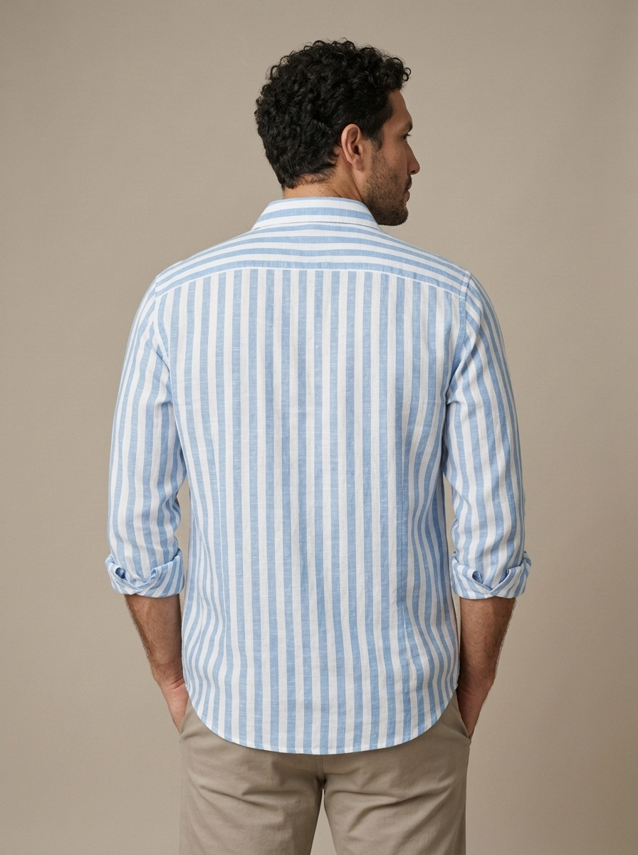 Men's Striped Linen Blend Long Sleeve Shirt worn by a model, back view