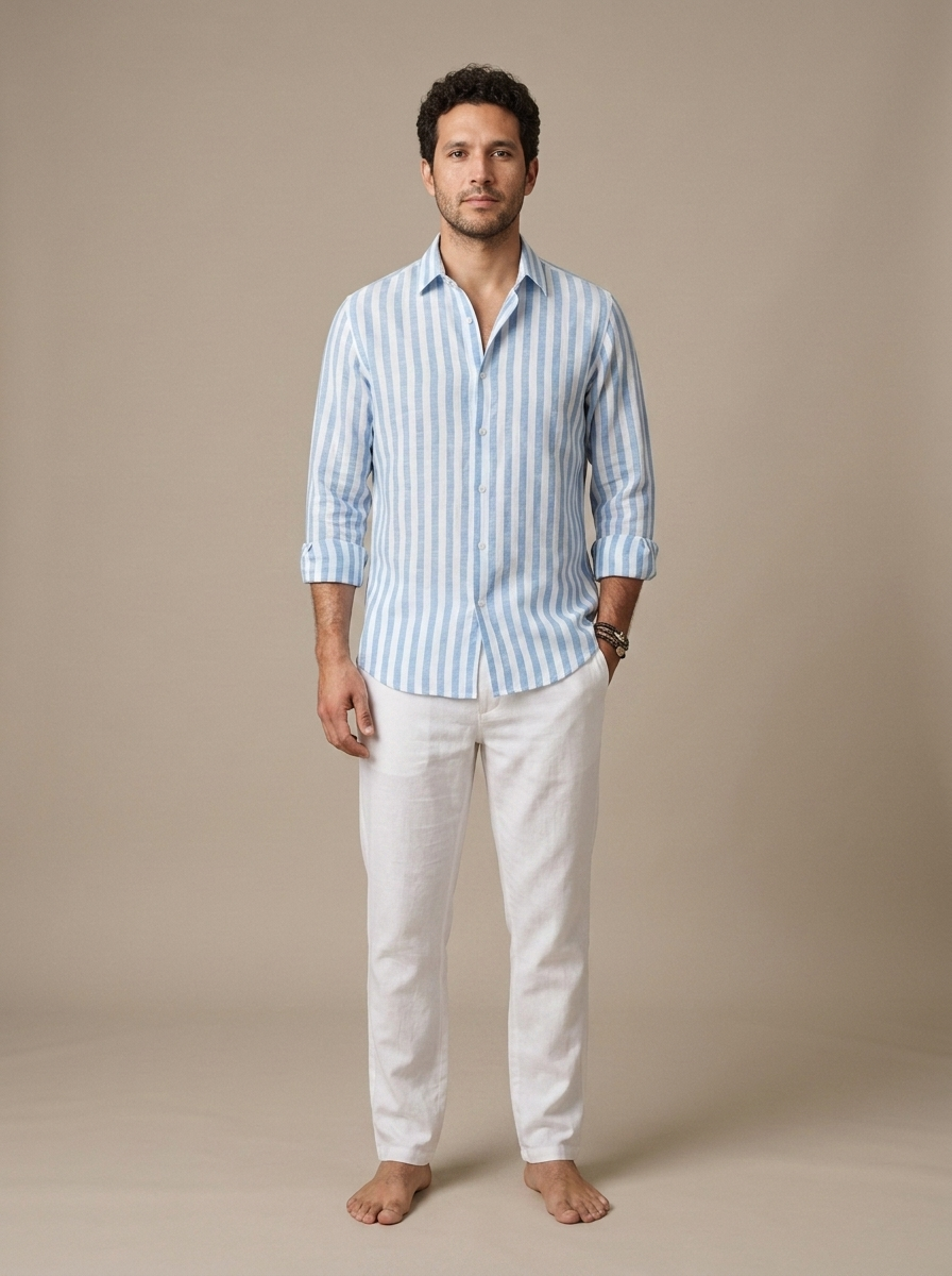 Men's Striped Linen Blend Long Sleeve Shirt worn by a model, front view