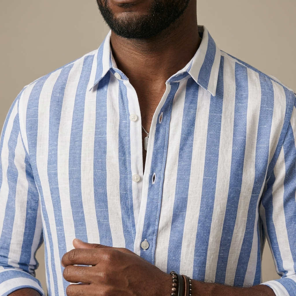 Close-up of Men's Striped Relaxed Linen Shirt detail